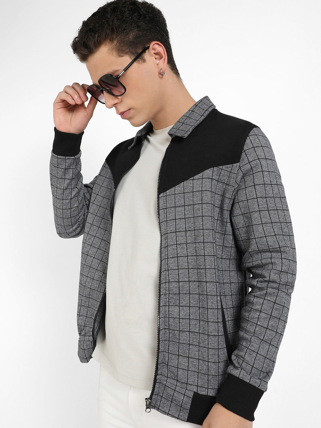 Zip-Front Graph Checkered Jacket