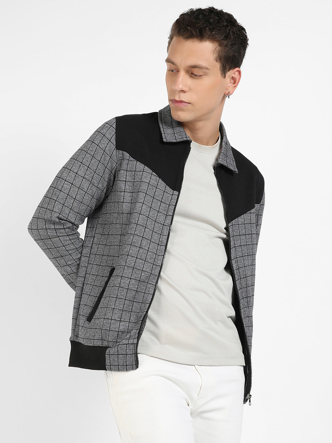 Zip-Front Graph Checkered Jacket