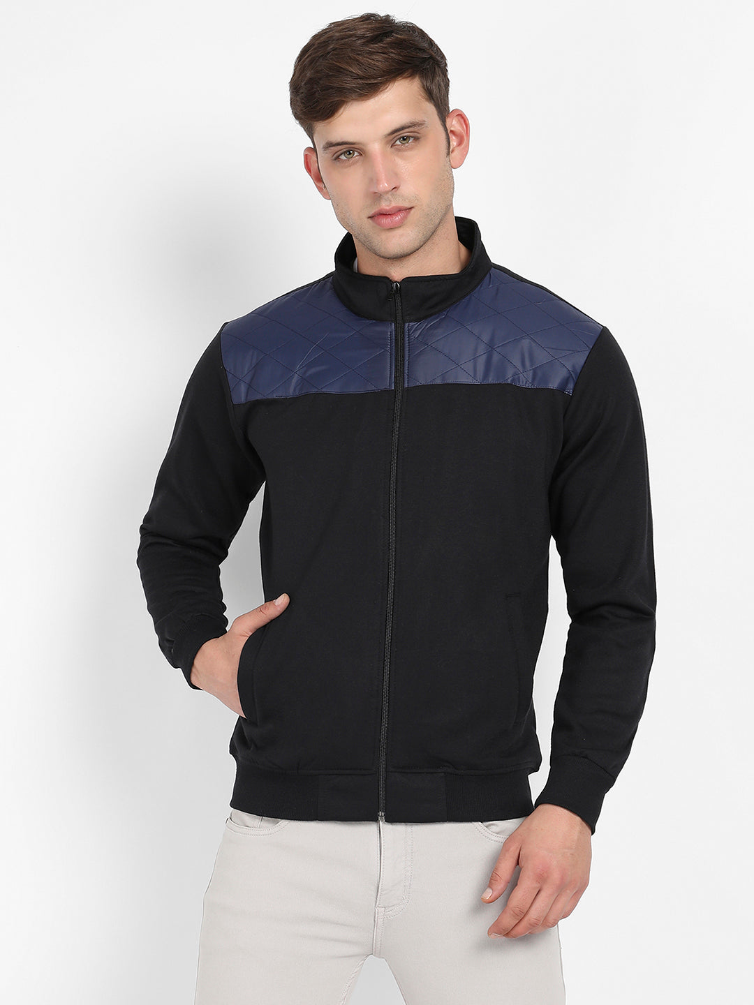 men s black blue zip front jacket with quilted detail