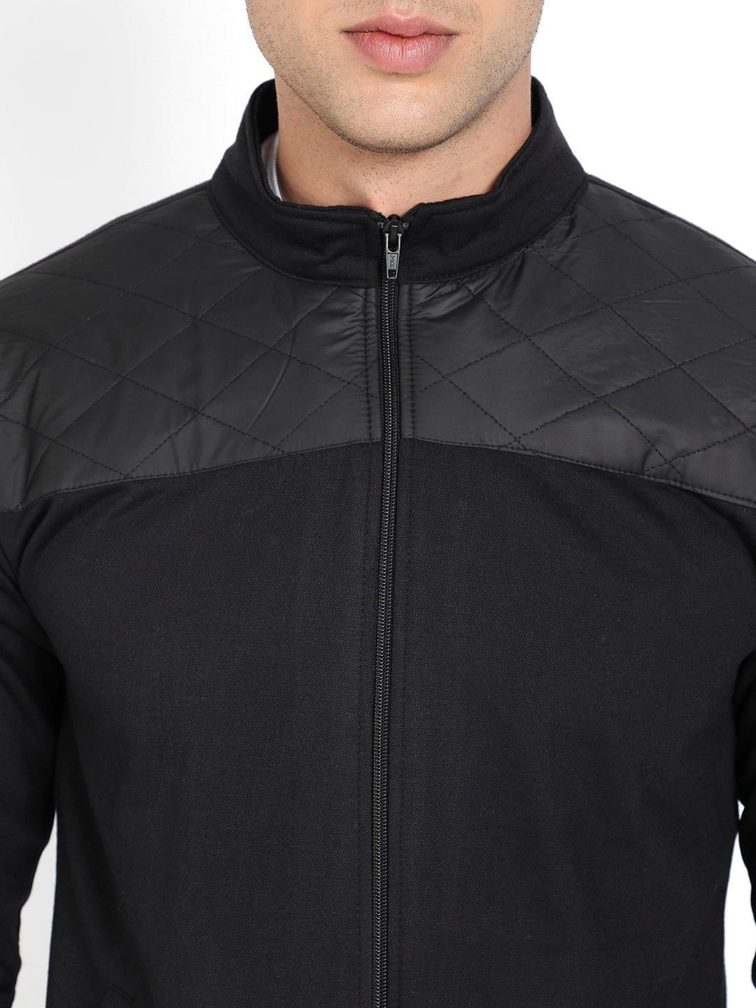 Men's Black Zip-Front Jacket With Quilted Detail