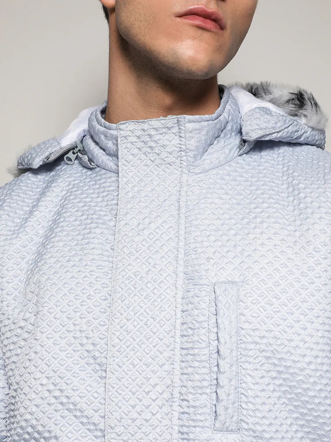 Men's Moon Grey Self-Design Rhombus Puffer Jacket