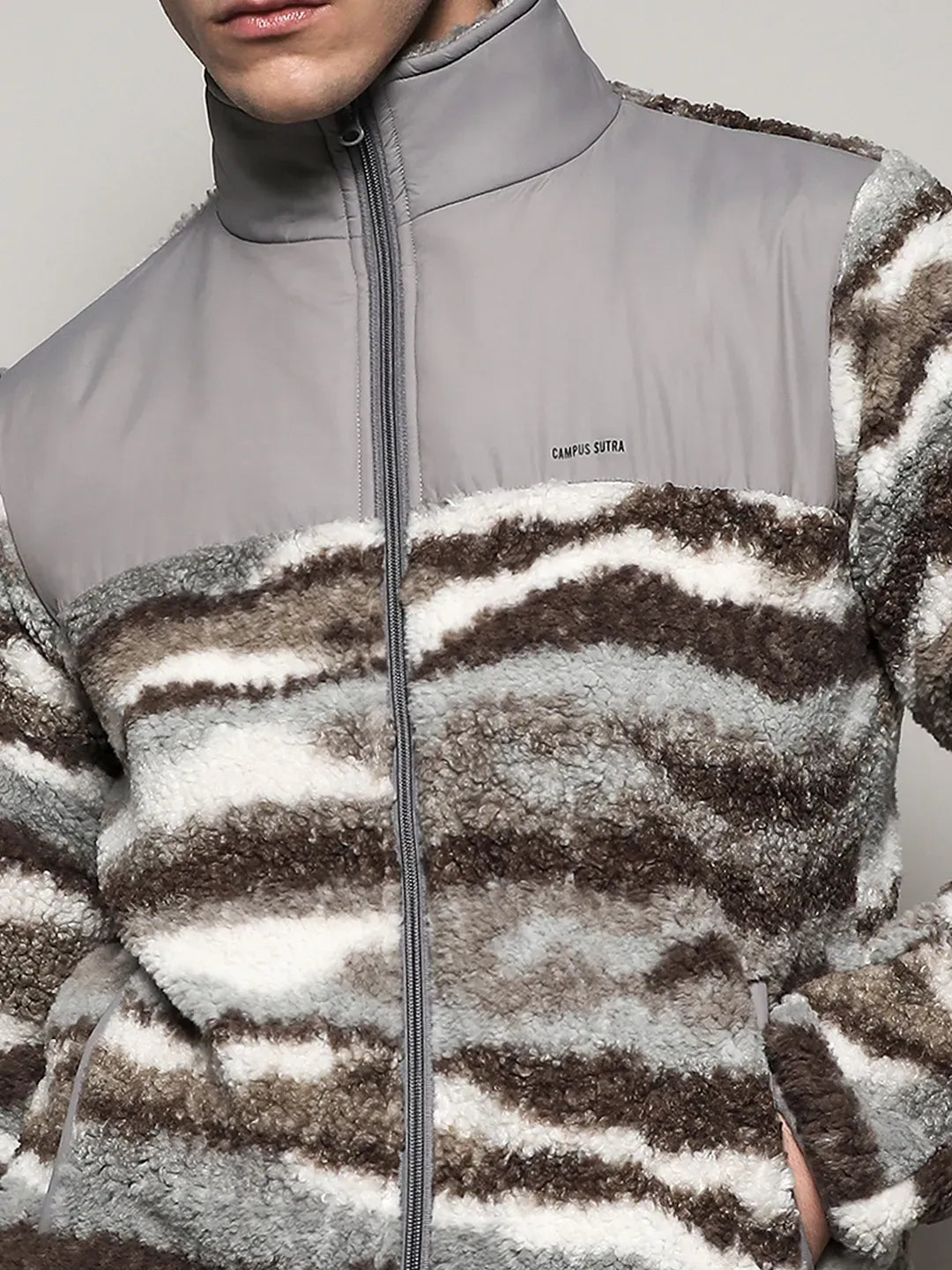 Men's Light Grey - Chocolate Brown Camouflage Sherpa Zip-Front Jacket