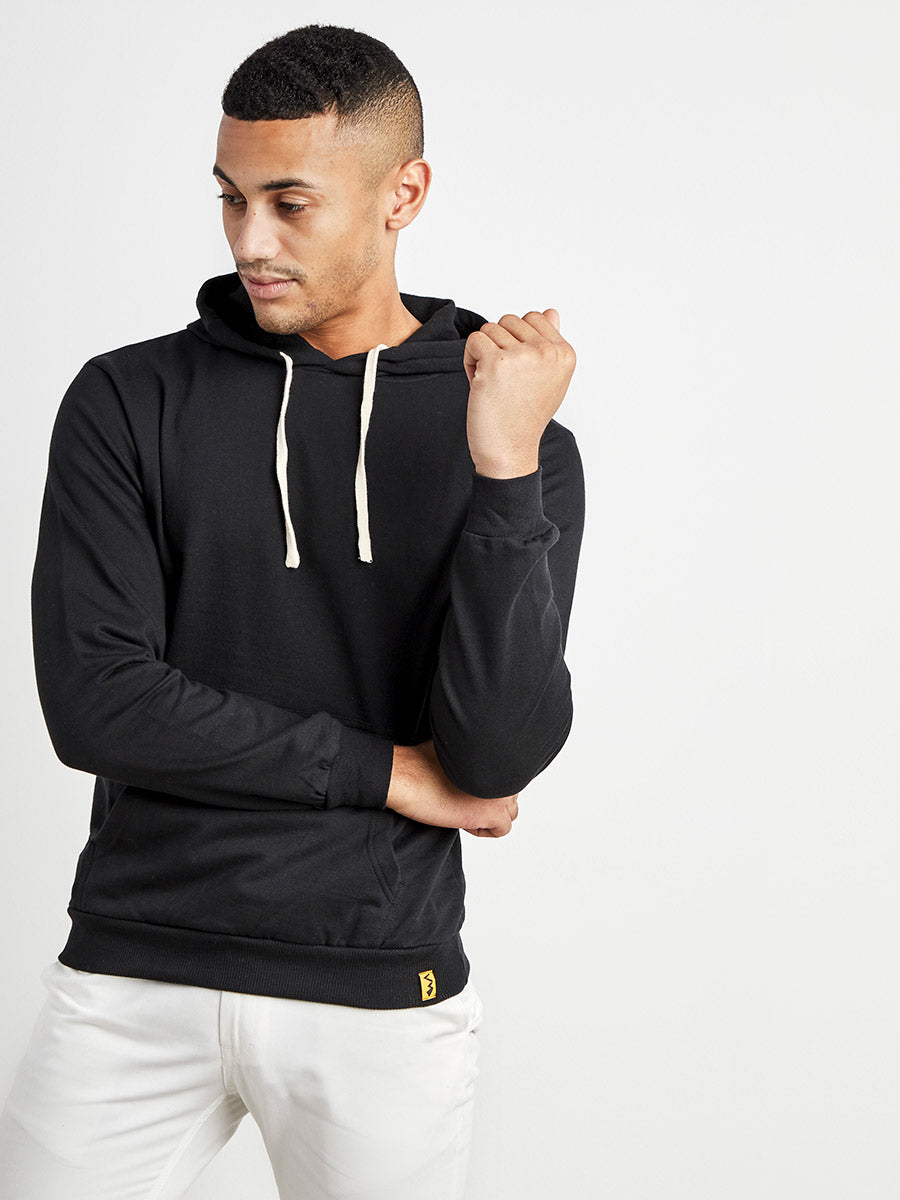 men s black pullover hoodie with contrast drawstring