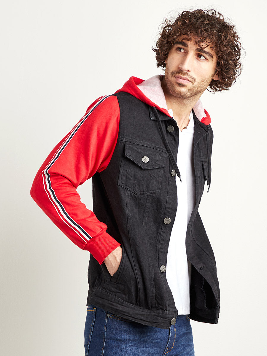 Dark-Wash Denim Jacket With Sweatshirt Sleeve