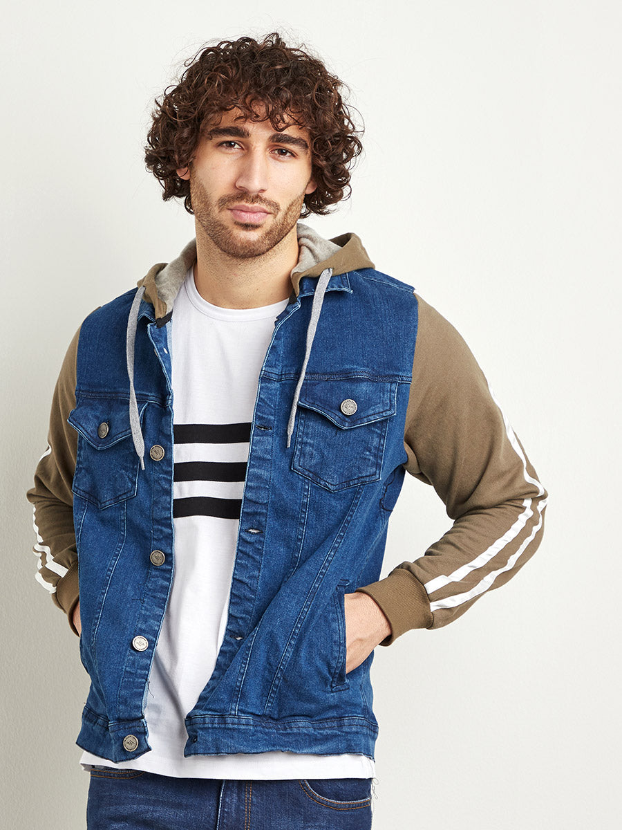 Medium-Wash Denim Jacket With Sweatshirt Sleeve