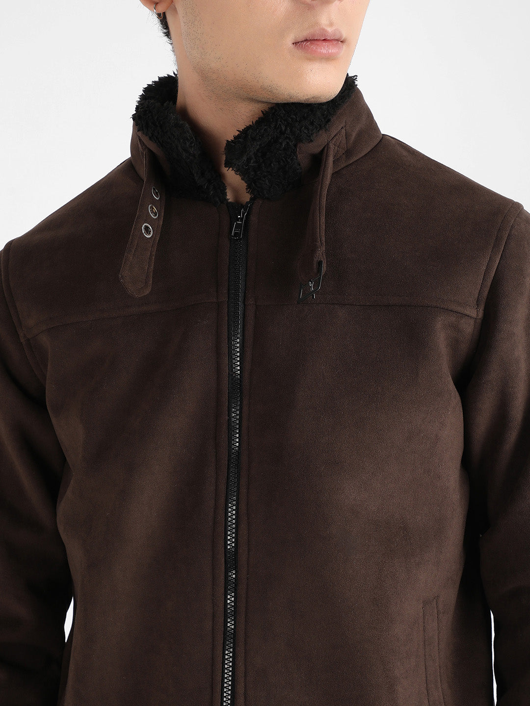 Men's Brown Zip-Front Jacket With Fleece Detail