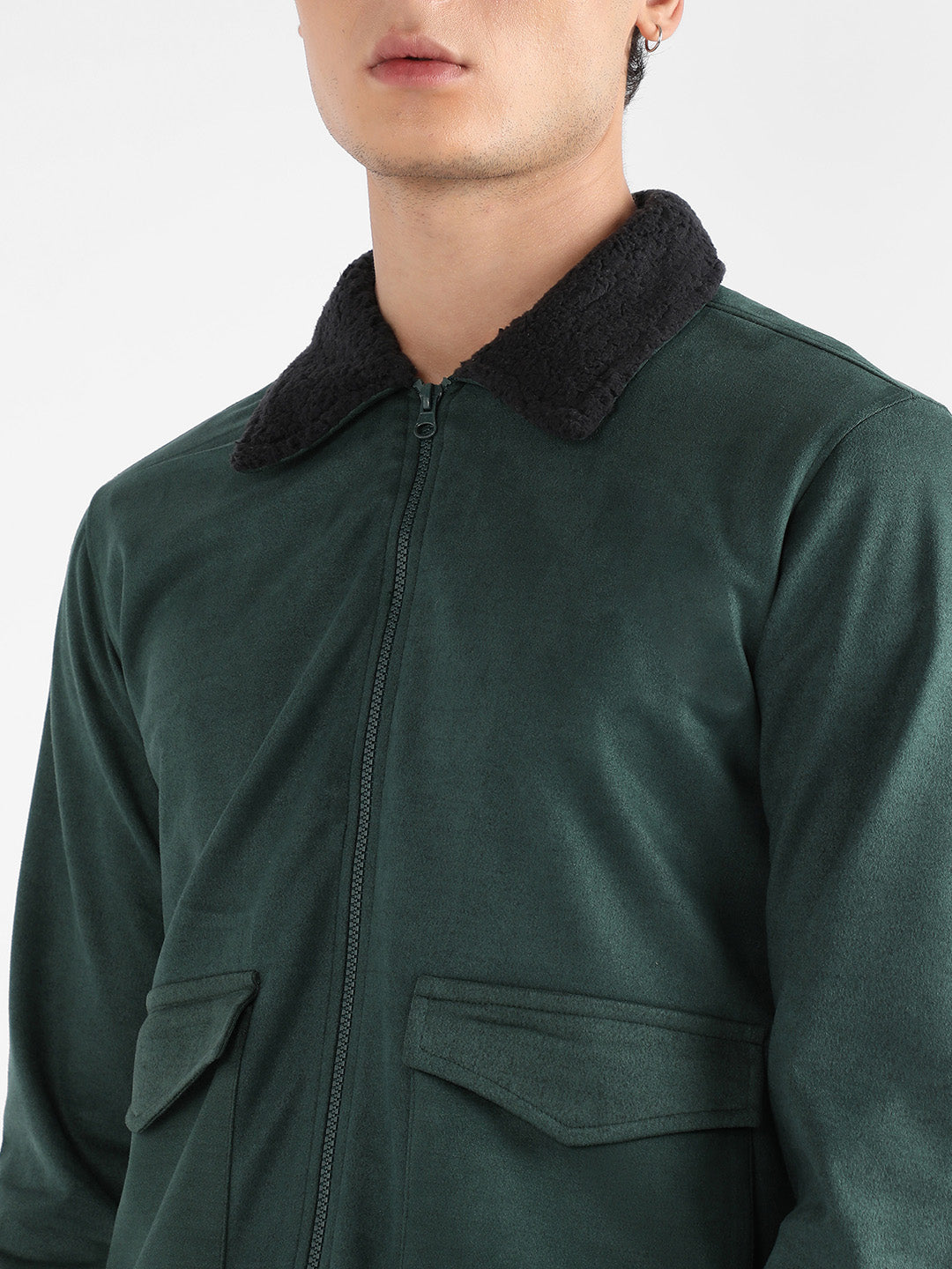Men's Emerald Green Zip-Front Jacket With Fleece Collar