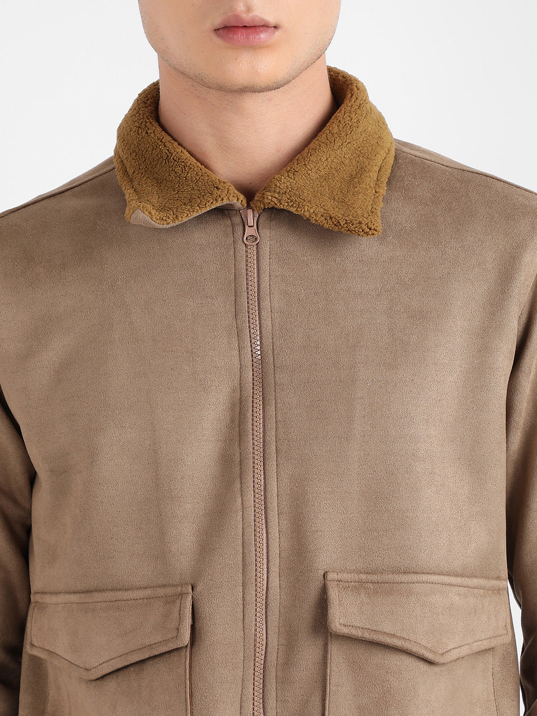 Men's Beige Zip-Front Jacket With Fleece Collar