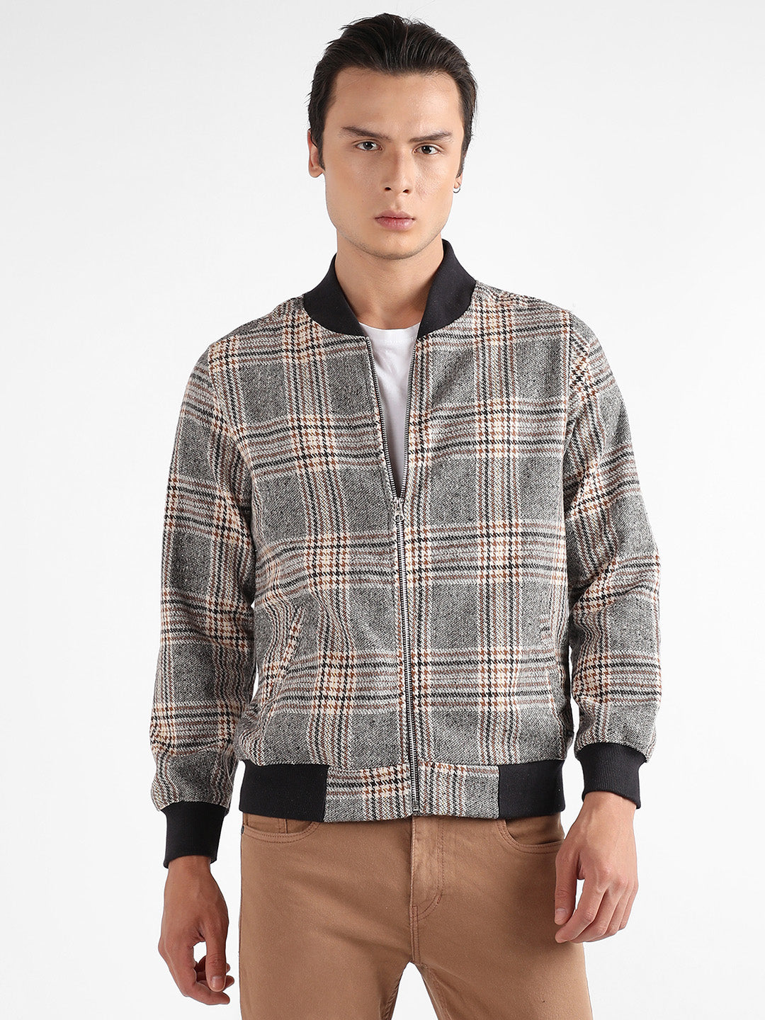 Tartan Plaid Jacket With Ribbed Hem