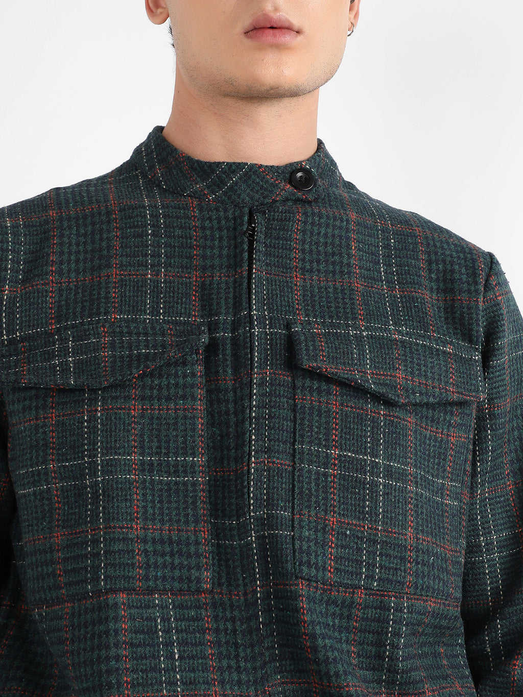 Men's Forest Green Tartan Plaid Jacket With Flap Pockets
