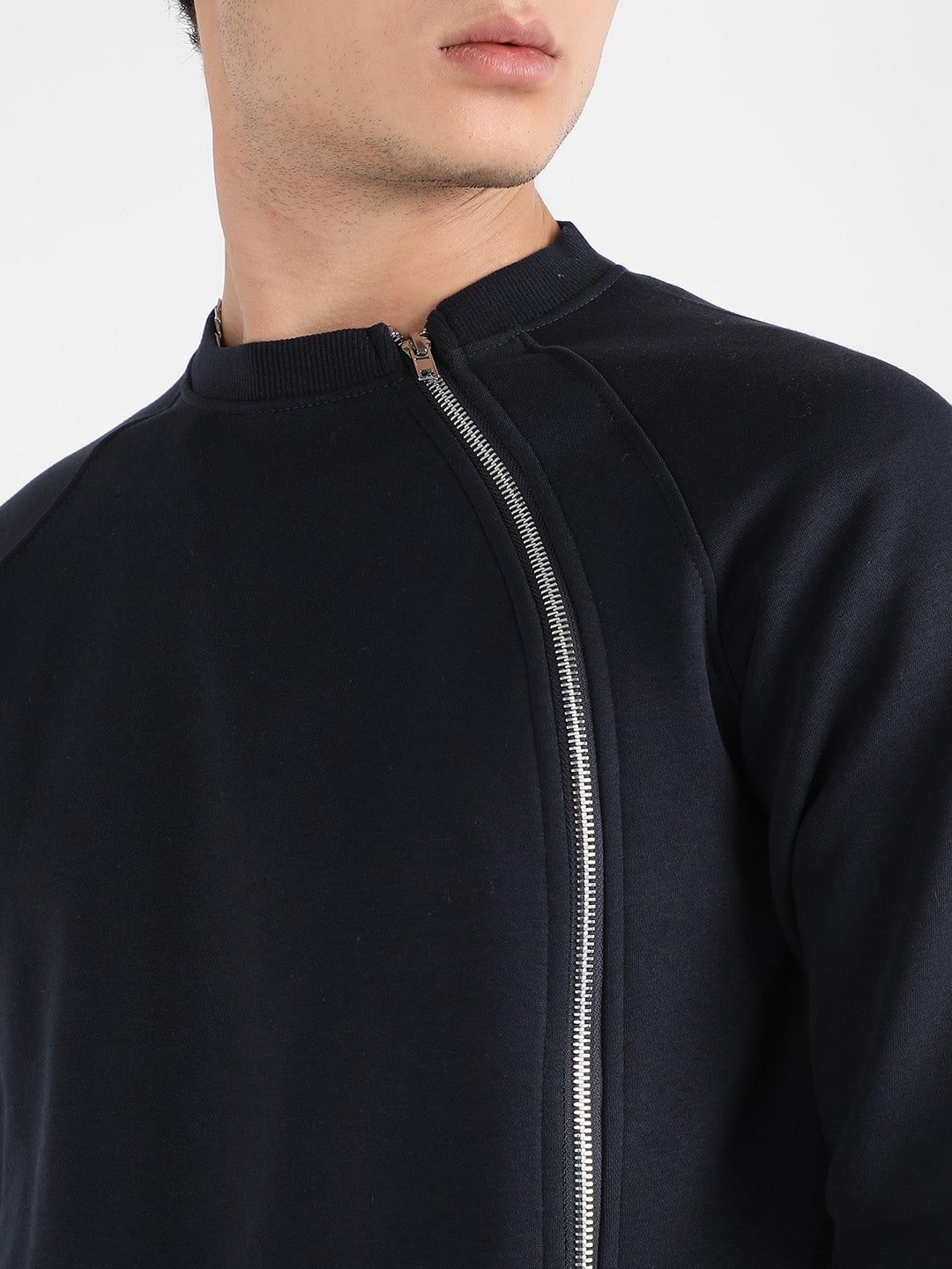 Men's Navy Blue Sweatshirt With Asymmetriclal Zip