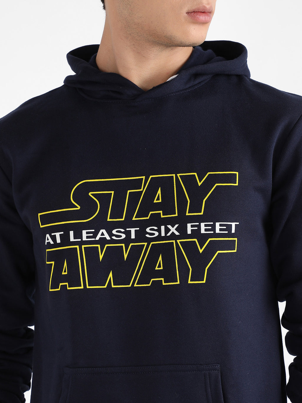 Men's Navy Blue Stay Away Hoodie With Kangaroo Pocket