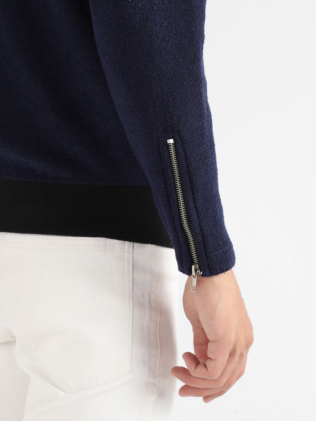 Men's Navy Blue Zip-Front Jacket With Ribbed Hem