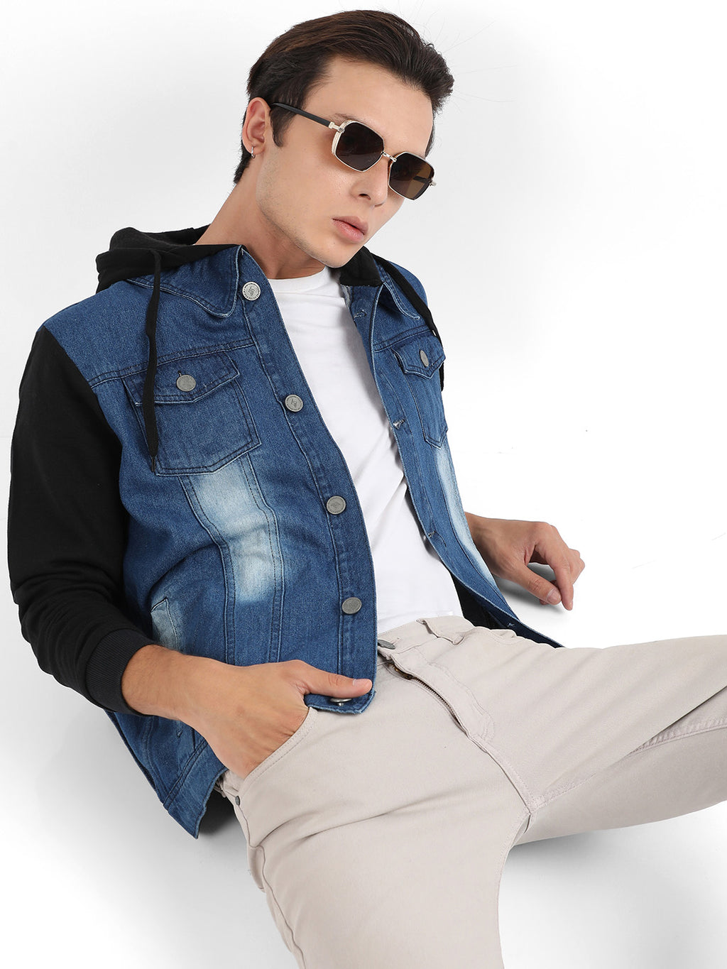 Medium-Wash Denim Jacket With Sweatshirt Sleeve