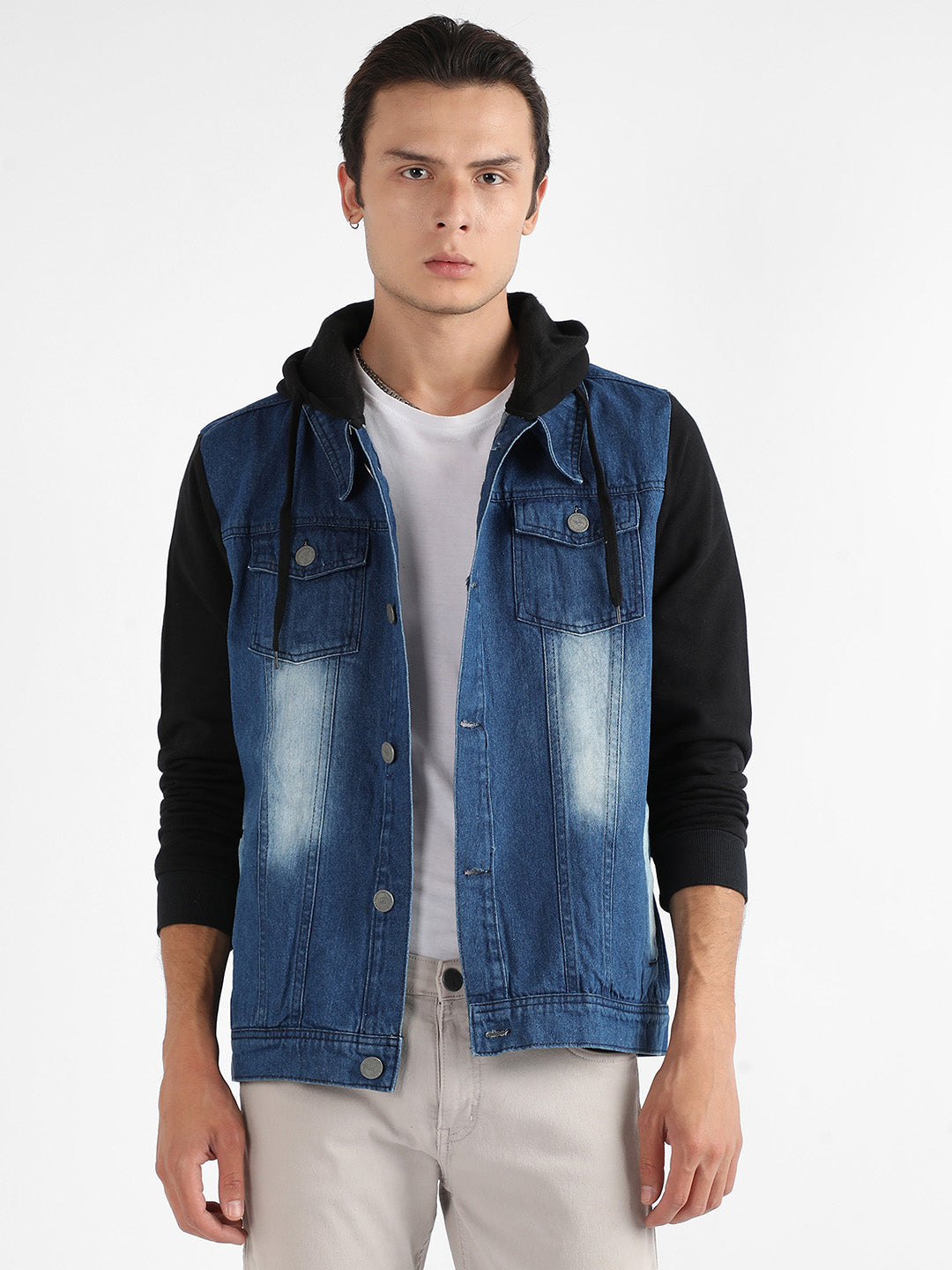 Medium-Wash Denim Jacket With Sweatshirt Sleeve