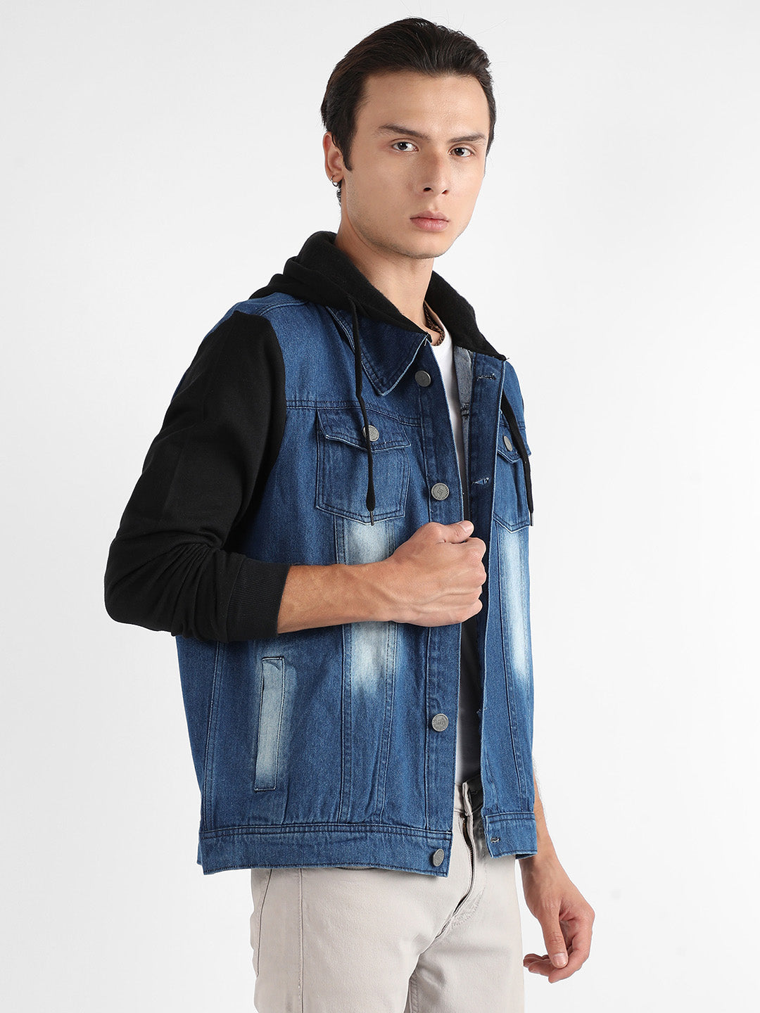 Medium-Wash Denim Jacket With Sweatshirt Sleeve