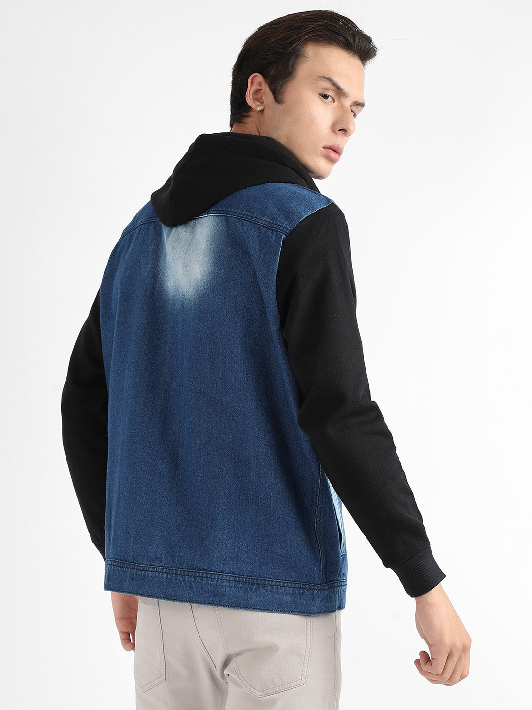 Medium-Wash Denim Jacket With Sweatshirt Sleeve