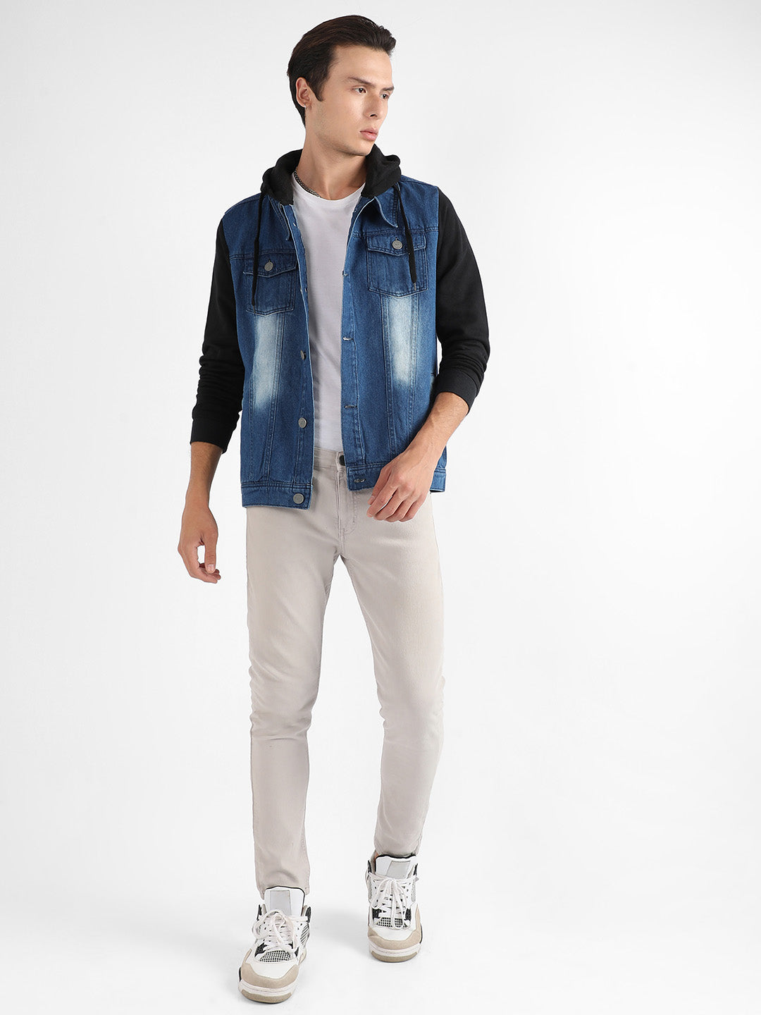 Medium-Wash Denim Jacket With Sweatshirt Sleeve