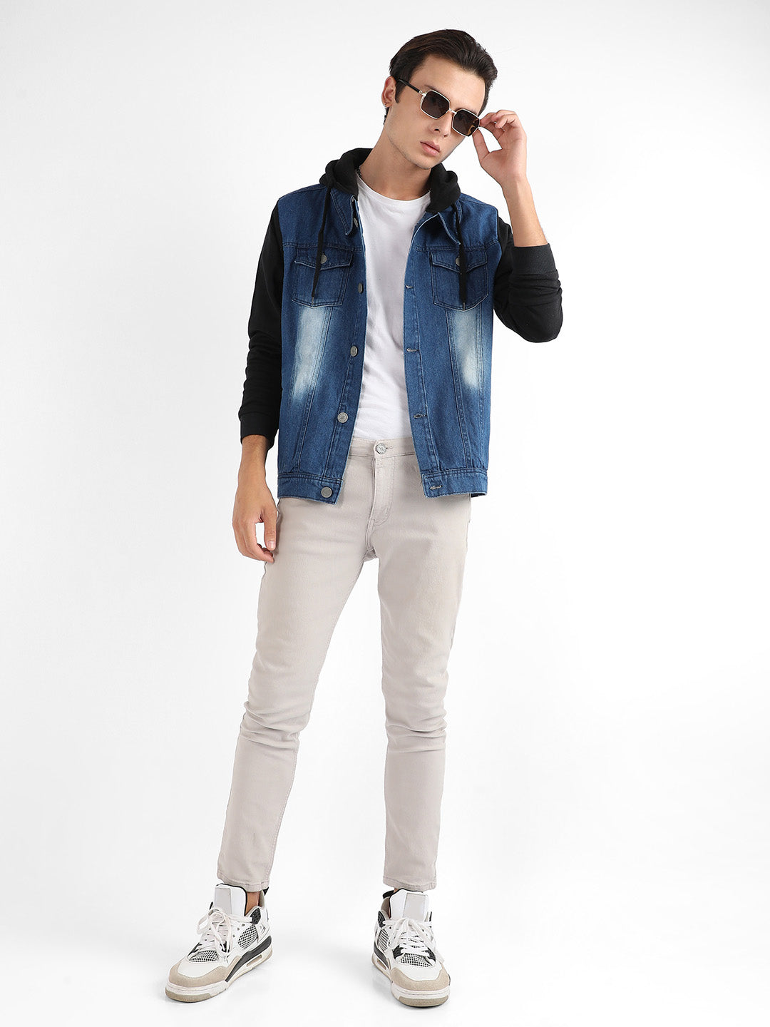 Medium-Wash Denim Jacket With Sweatshirt Sleeve