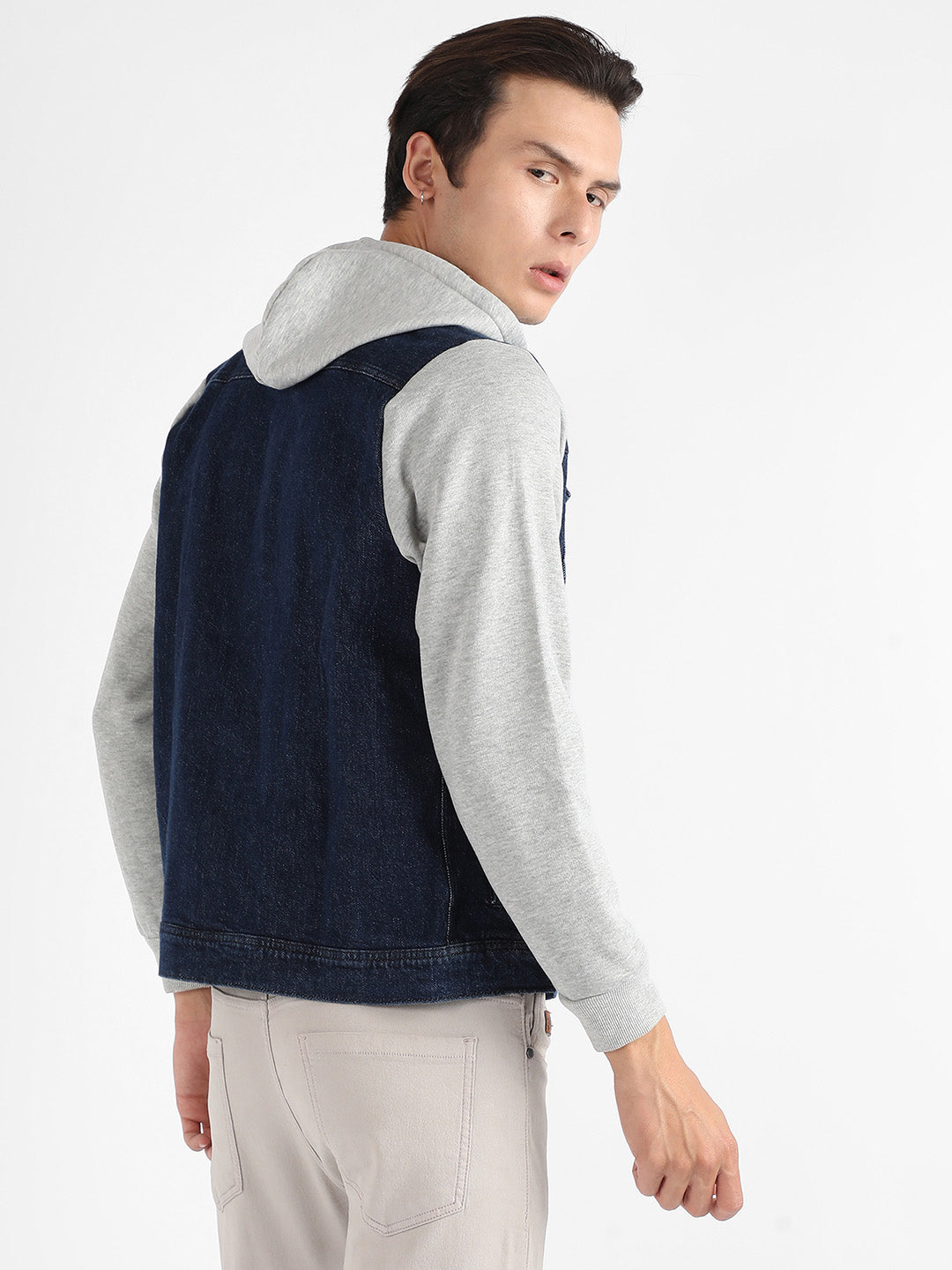 Dark-Wash Denim Jacket With Sweatshirt Sleeve
