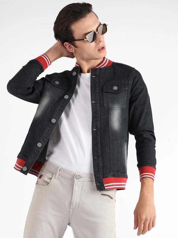 Dark-Wash Denim Jacket With Contrast Hem