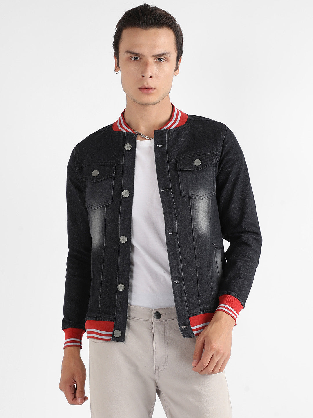 Dark-Wash Denim Jacket With Contrast Hem