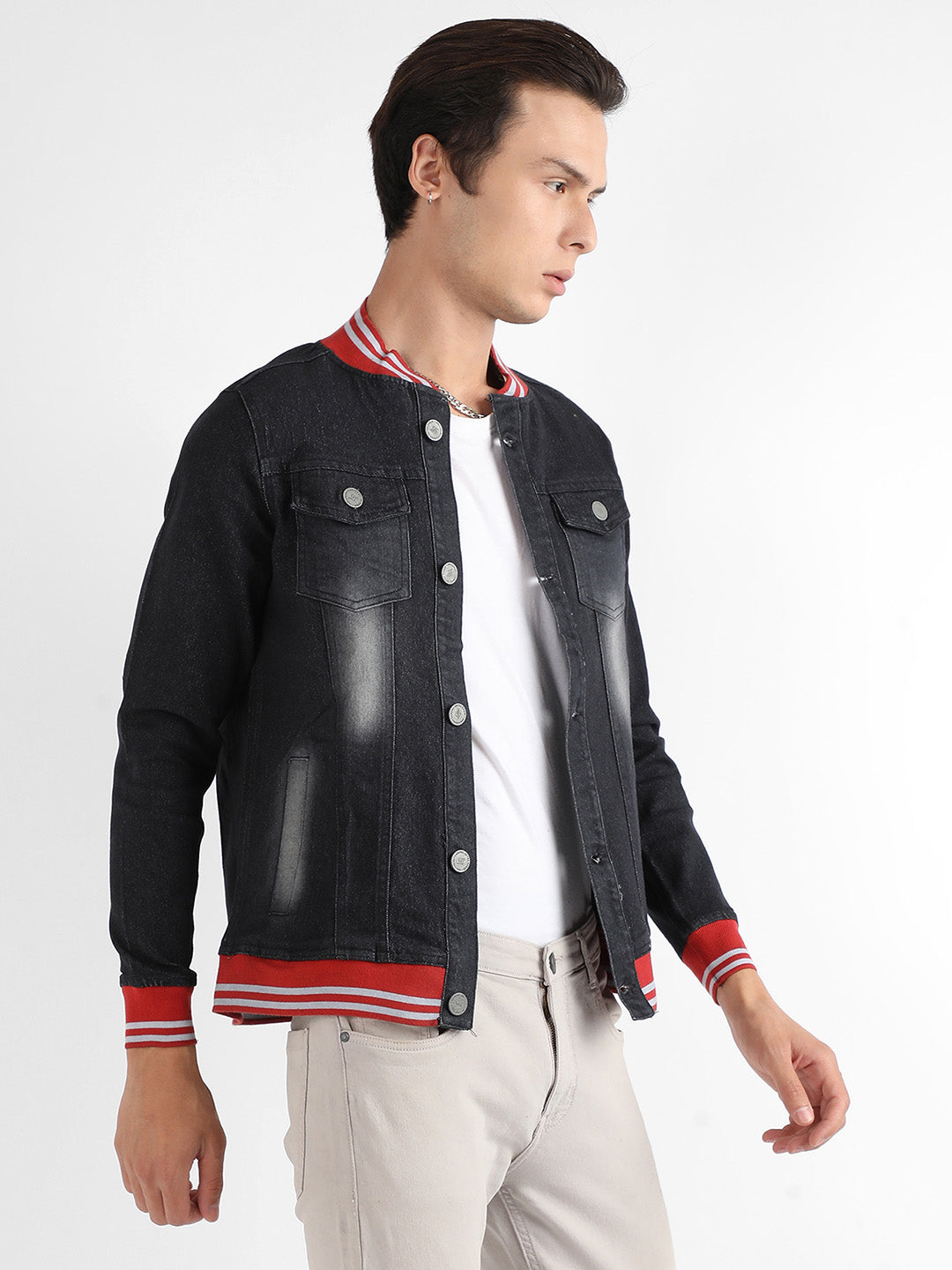 Dark-Wash Denim Jacket With Contrast Hem