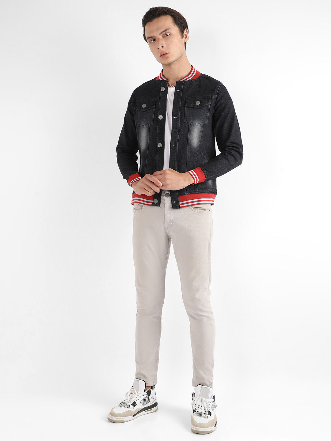 Dark-Wash Denim Jacket With Contrast Hem