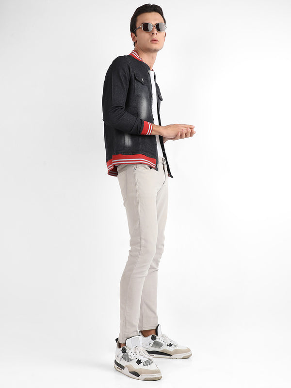 Dark-Wash Denim Jacket With Contrast Hem