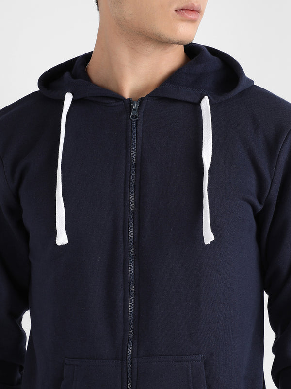 Men's Dark Blue Zip-Front Hoodie With Contrast Drawstring
