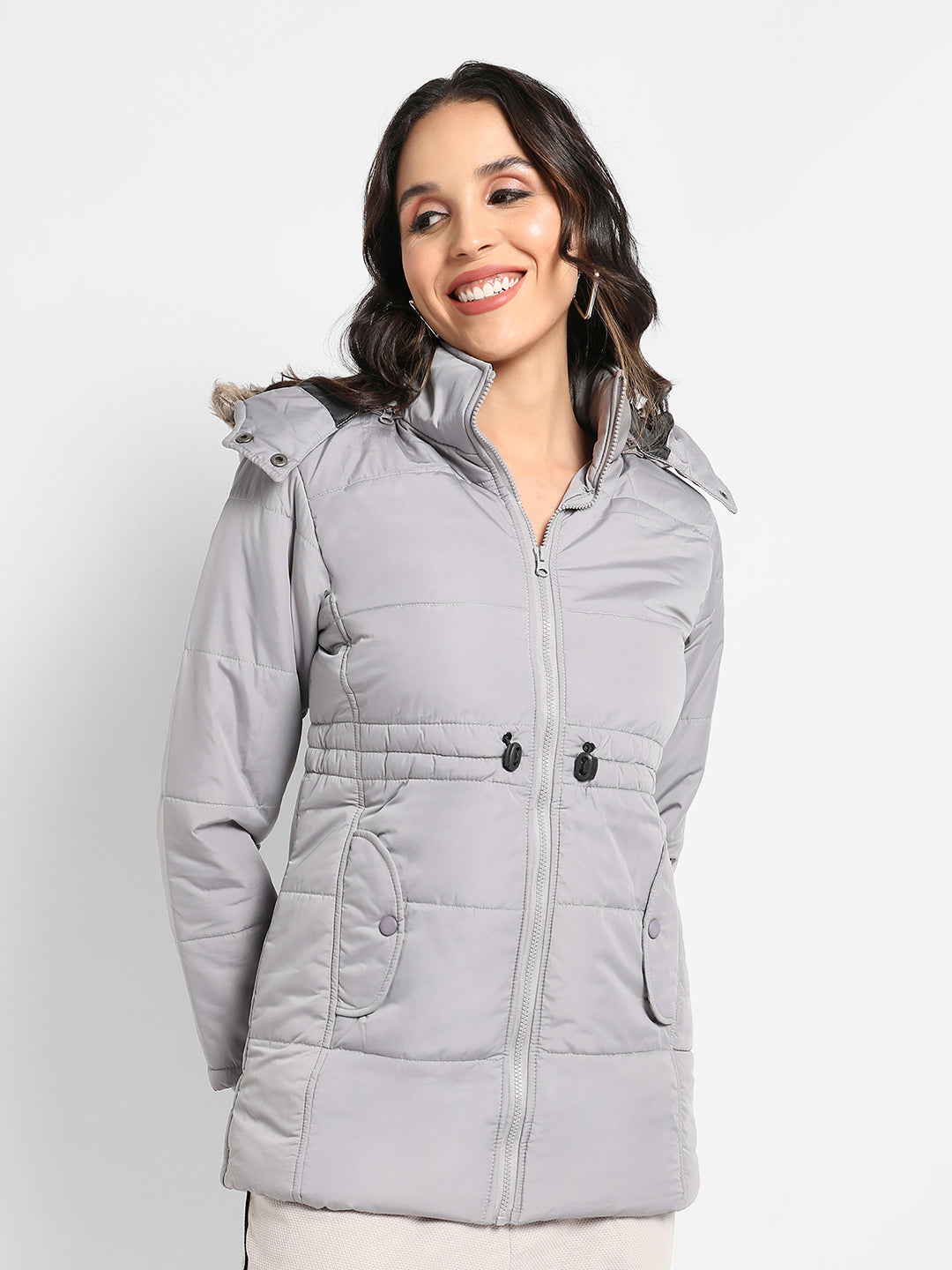 Detachable Hood Puffer Jacket With Fur Details