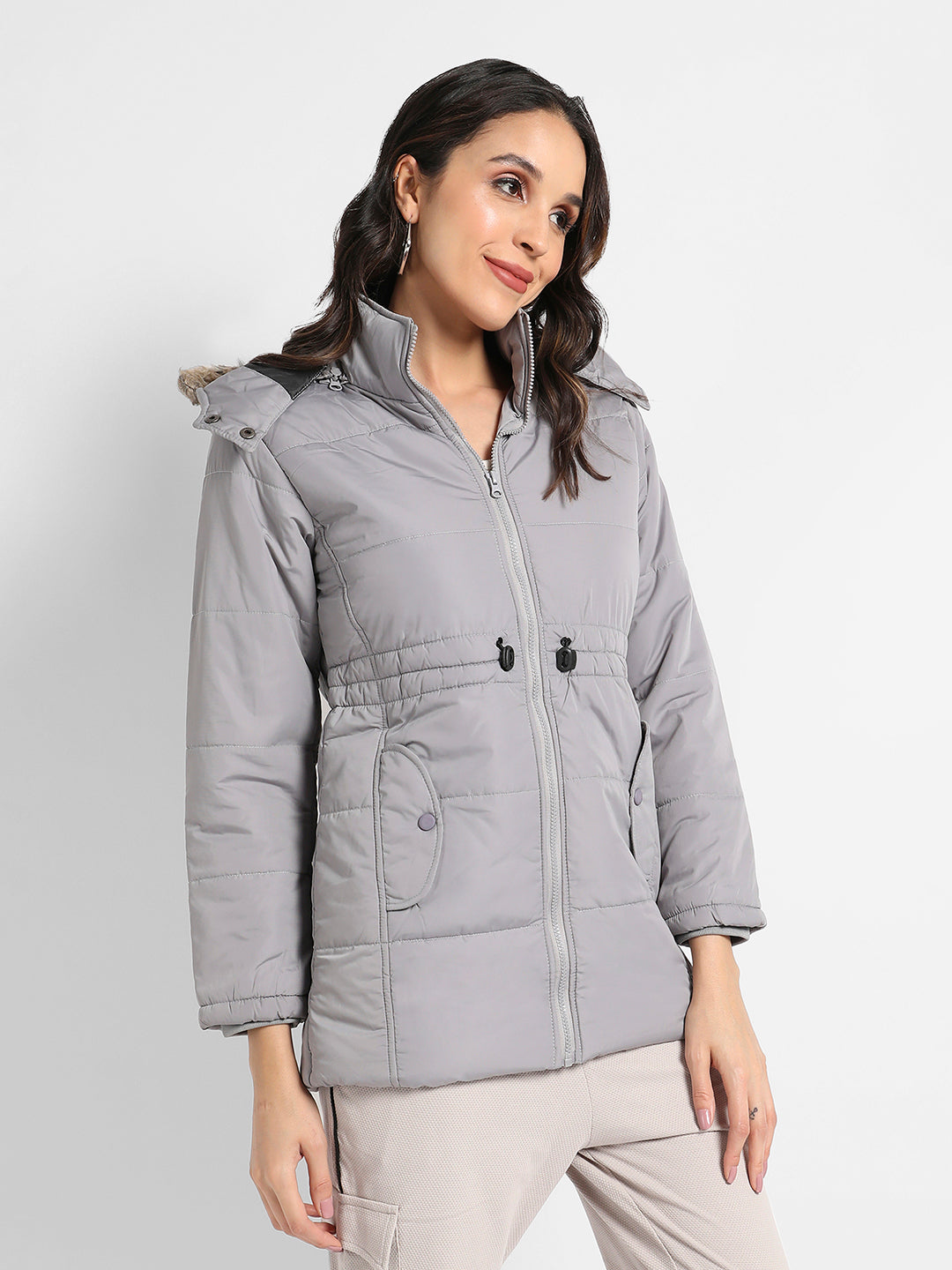 Detachable Hood Puffer Jacket With Fur Details