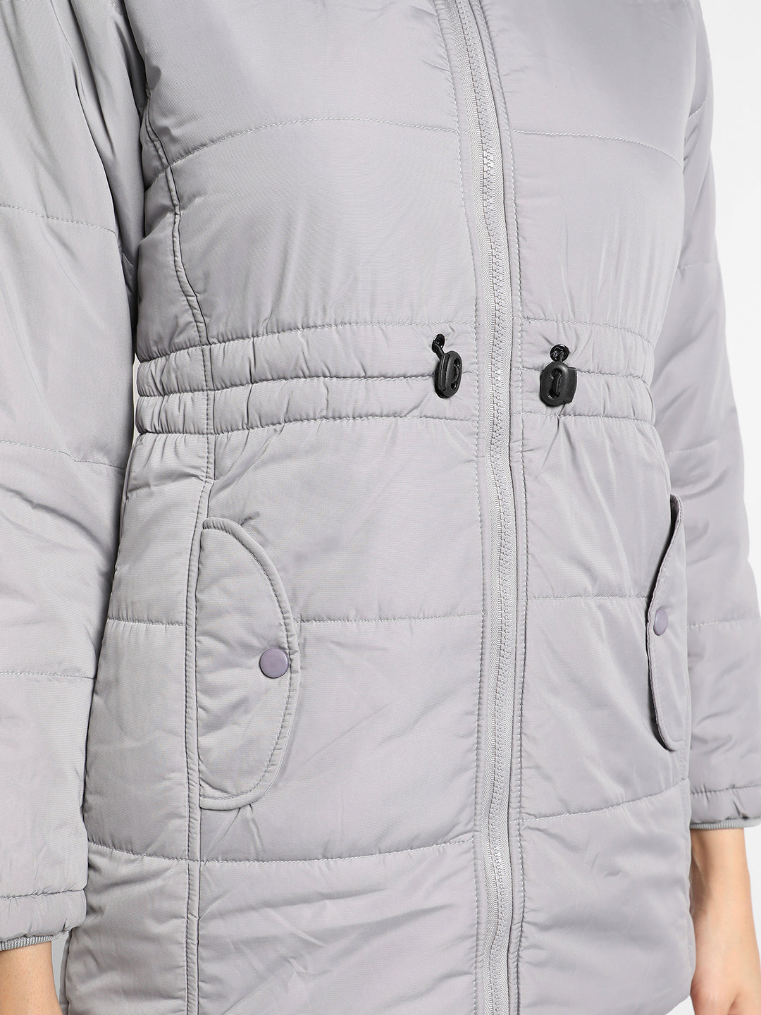 Light Grey Detachable Hood Puffer Jacket With Fur Details