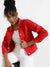 Red Patch Pocket Denim Jacket With Detachable Hood