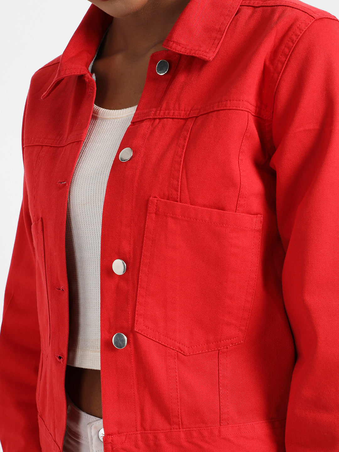 Red Patch Pocket Denim Jacket With Detachable Hood