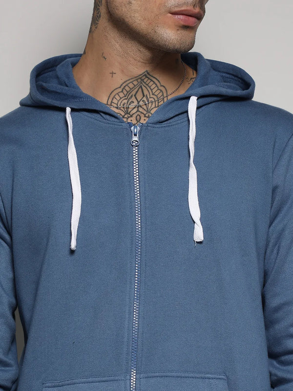 Azure Blue Zip-Front Hoodie With Contrast Drawstring