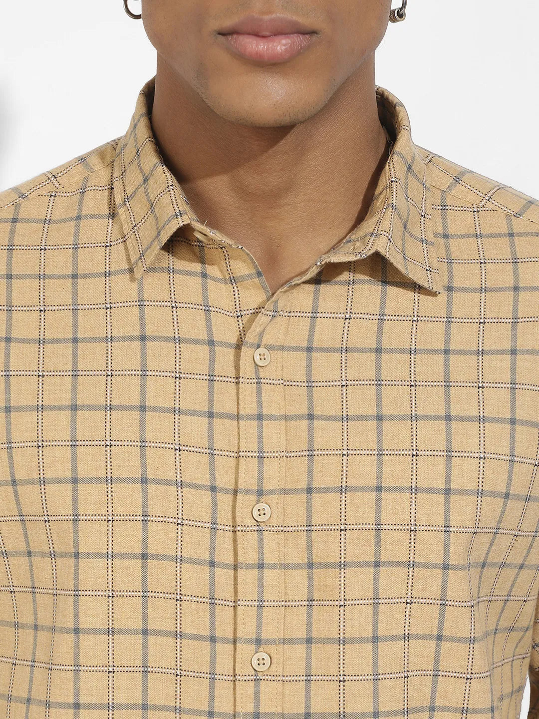 Beige Contrast Tartan Plaid Shirt