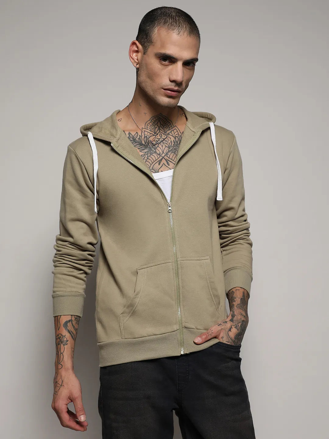 Zip-Front Hoodie With Contrast Drawstring