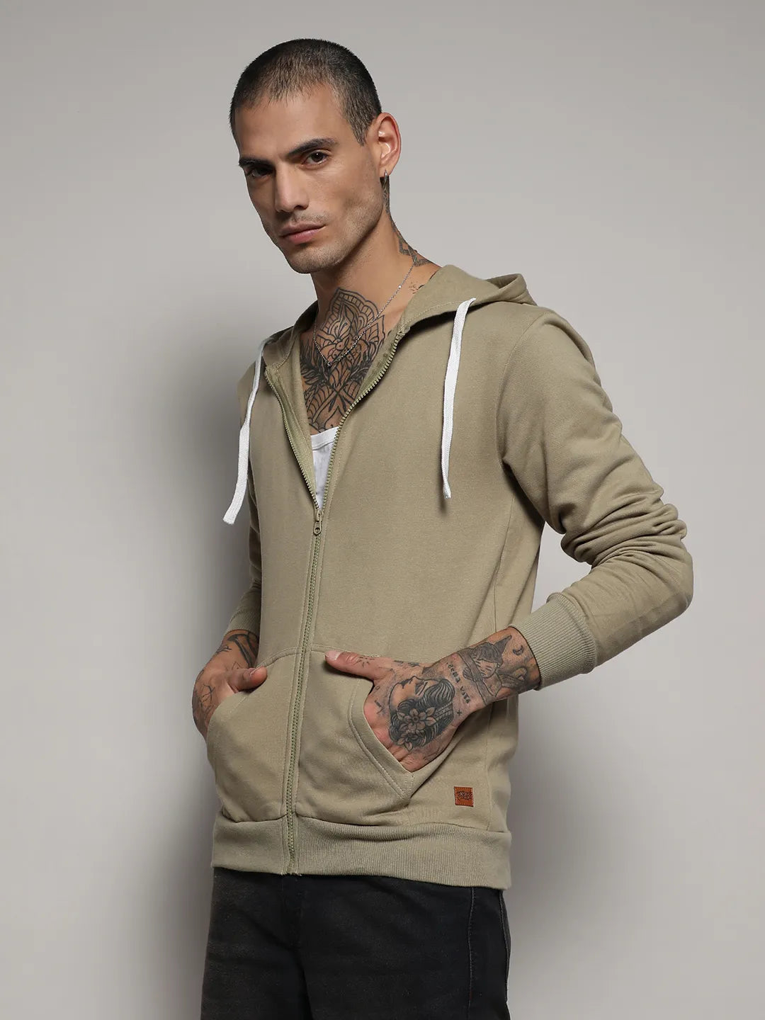 Zip-Front Hoodie With Contrast Drawstring