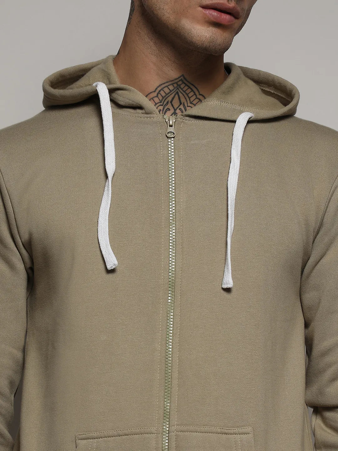 Beige Zip-Front Hoodie With Contrast Drawstring