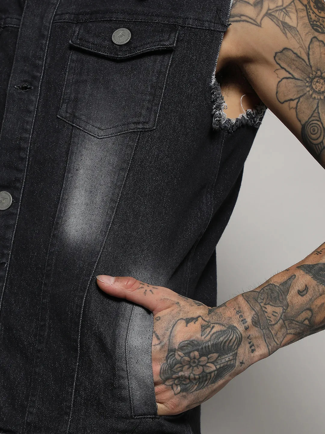 Black Dark-Wash Denim Jacket With Flap Pocket