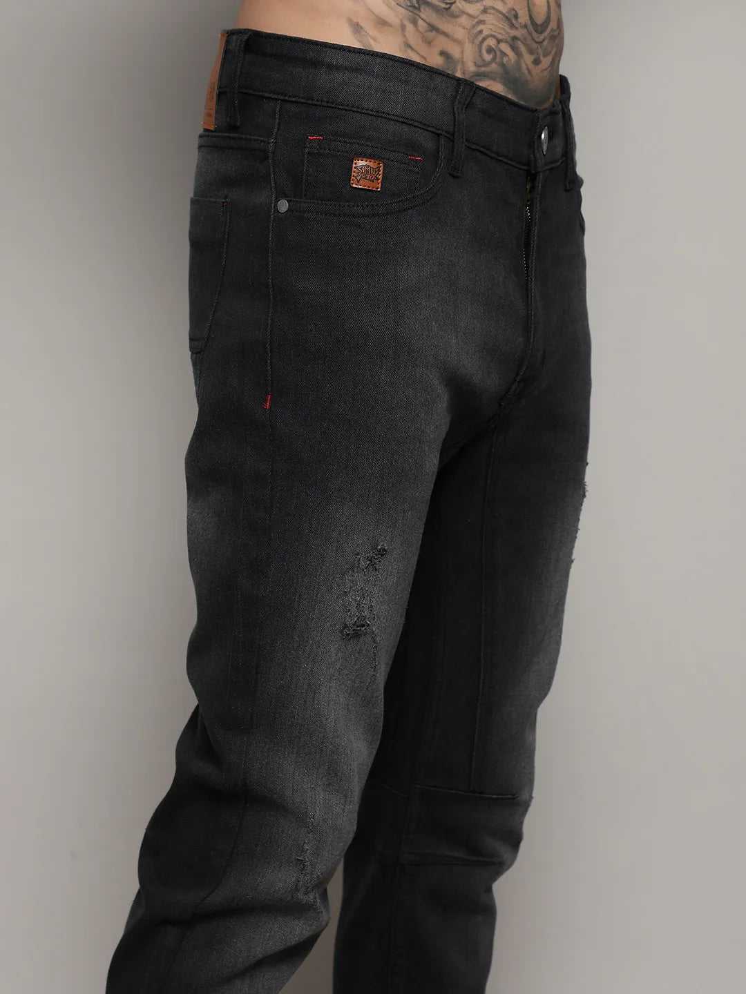 Black Minimal Side Distressed Denim Jeans