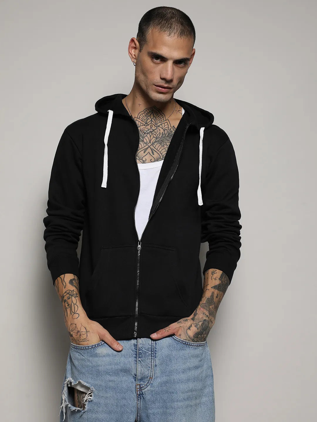 Zip-Front Hoodie With Contrast Drawstring