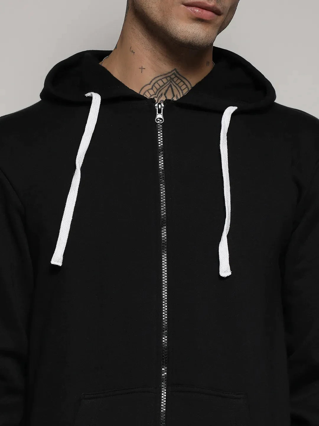 Black Zip-Front Hoodie With Contrast Drawstring