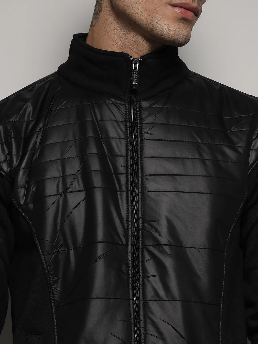 Black Zip-Front Jacket With Quilted Detail