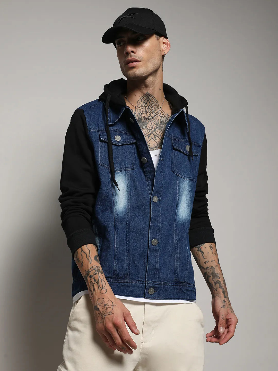 Button-Front Medium-Wash Denim Jacket