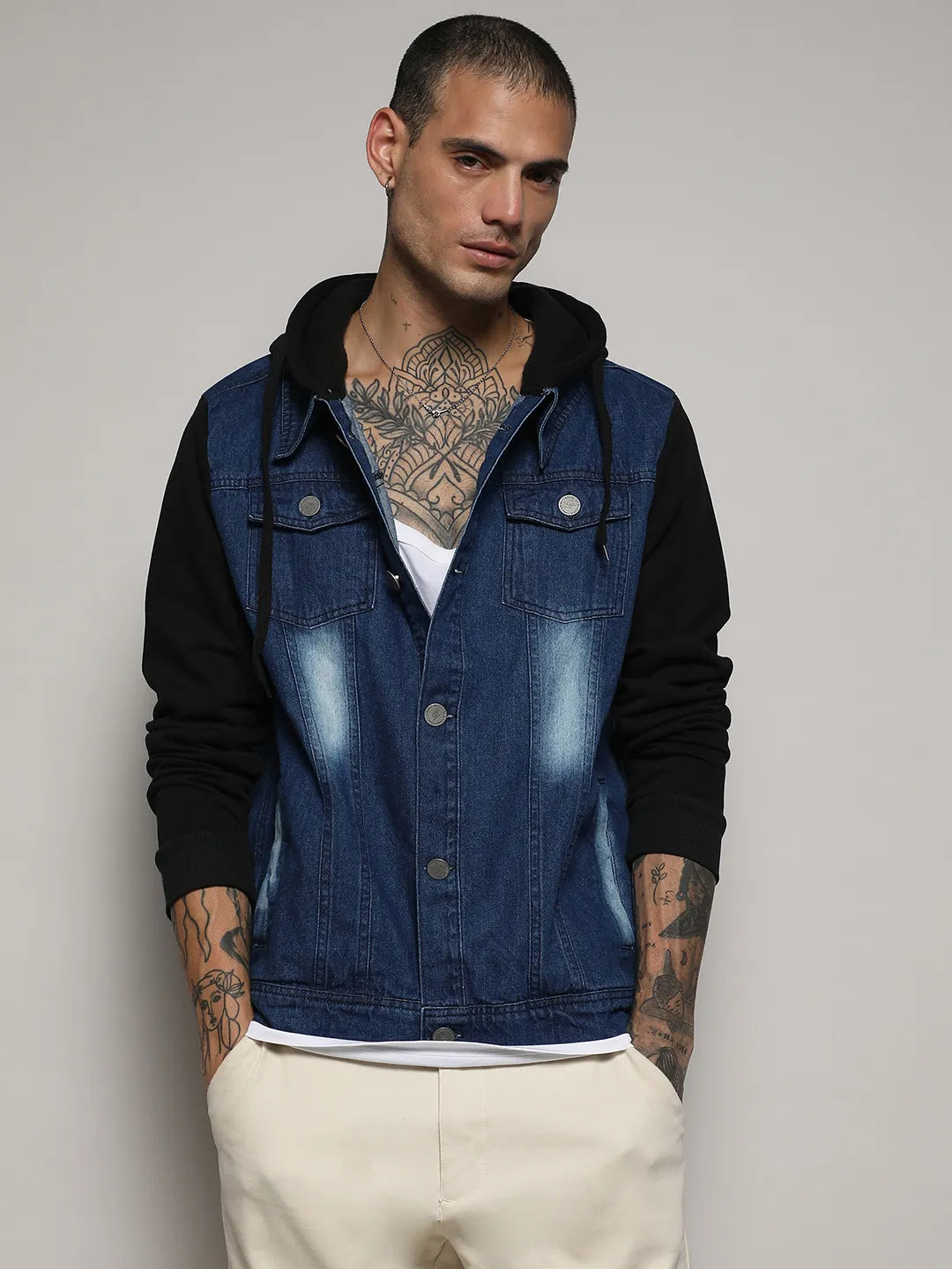 Button-Front Medium-Wash Denim Jacket