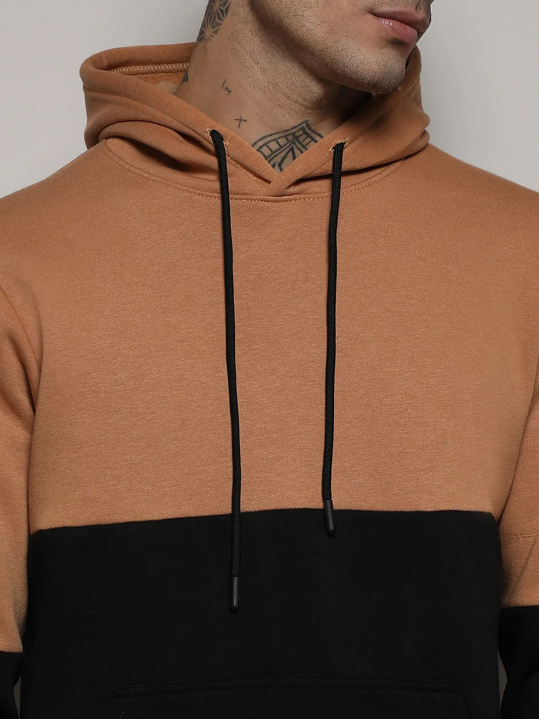 Black & Brown Pullover Hoodie With Ribbed Hem