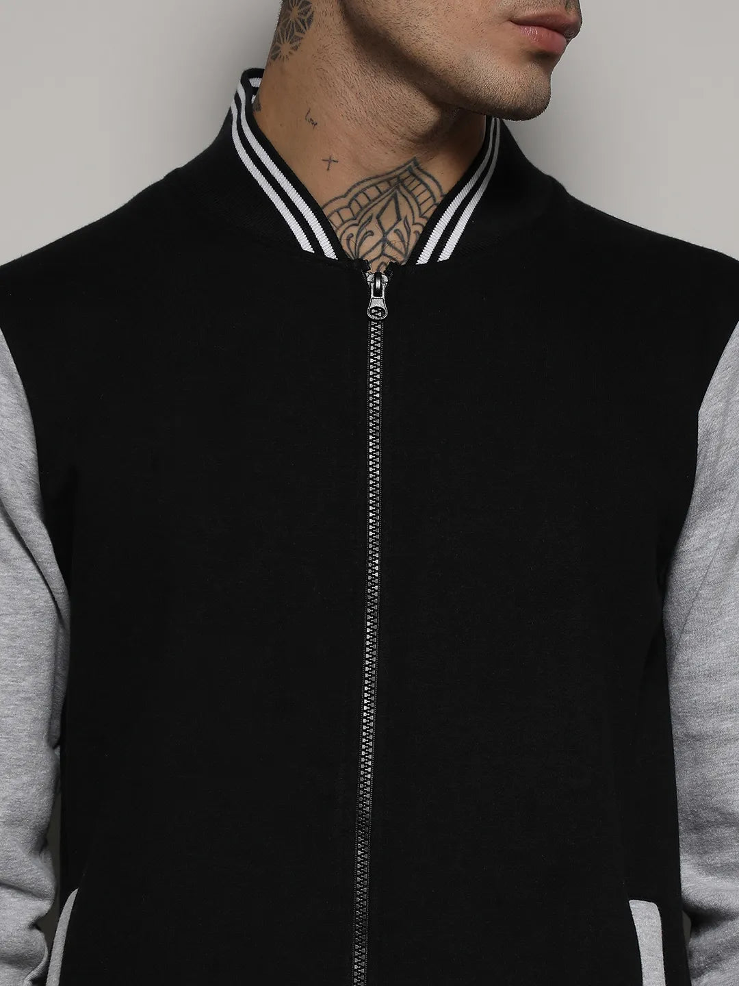 Black & Grey Zip-Front Jacket With Open-Angled Pocket