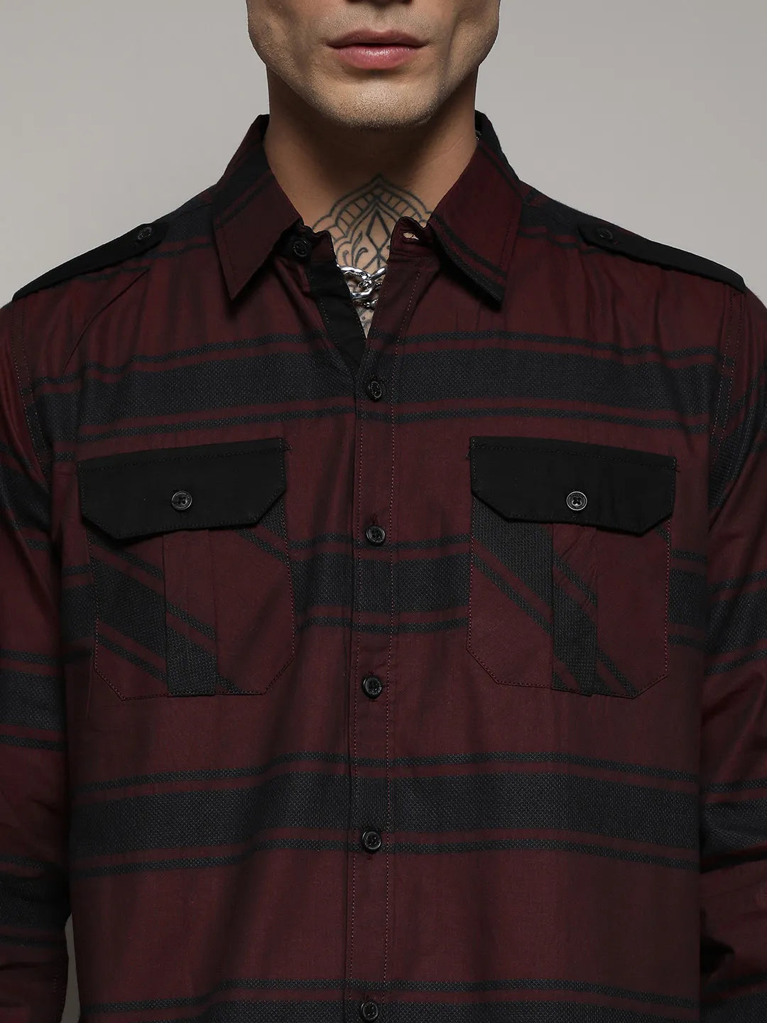 Black & Maroon Red Horizontal Halo Striped Shirt